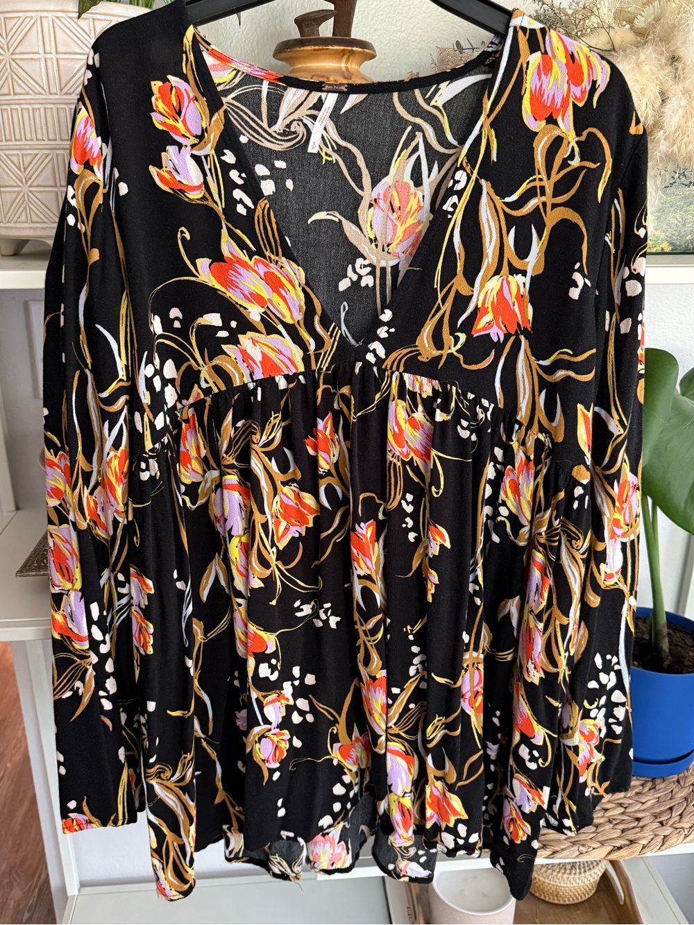 Free People Black Floral Print Top with Multicolor Accents